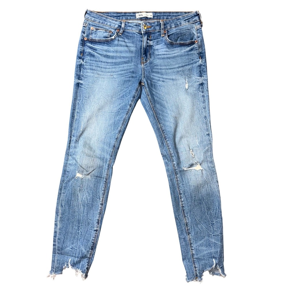 Zara The Skinny Distressed Light Wash Raw Hem Jeans Size 10 32x26